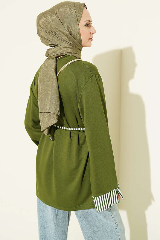 Striped Cuffed Tie-Detail Tunic In Khaki