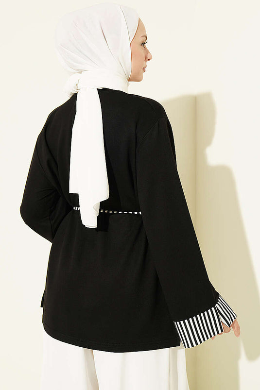 Gestreiftes Ärmel Mit Binde-Detail Schwarze Tunika