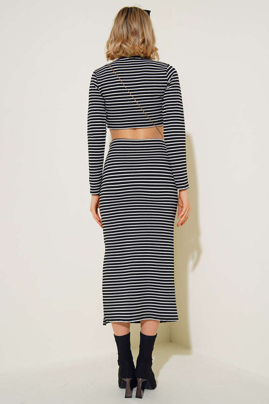 Striped Model Crop Two Piece Suit Black