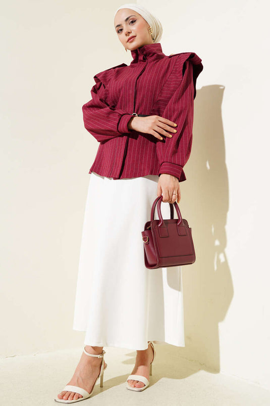 Çizgili Omuz Apoletli Kemerli Ceket Bordo