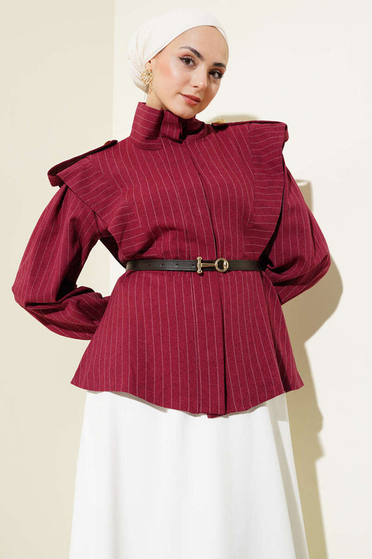 Çizgili Omuz Apoletli Kemerli Ceket Bordo