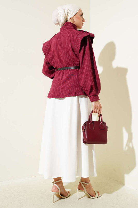 Çizgili Omuz Apoletli Kemerli Ceket Bordo