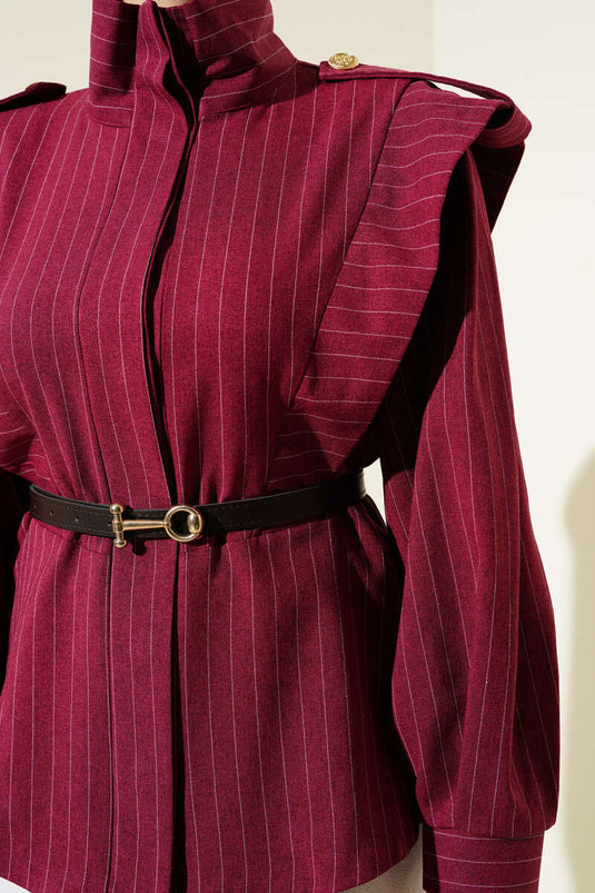 Çizgili Omuz Apoletli Kemerli Ceket Bordo