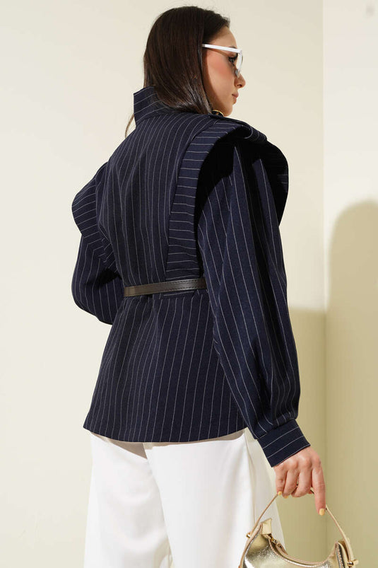 Çizgili Omuz Apoletli Kemerli Ceket Lacivert