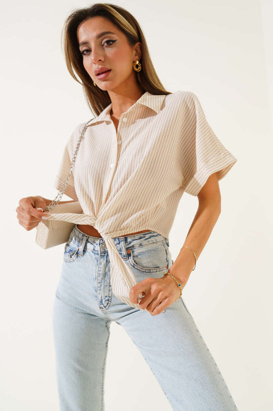 Chemise rayée à nouer sur le devant, beige