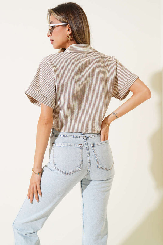 Striped Front-Tie Shirt, Brown