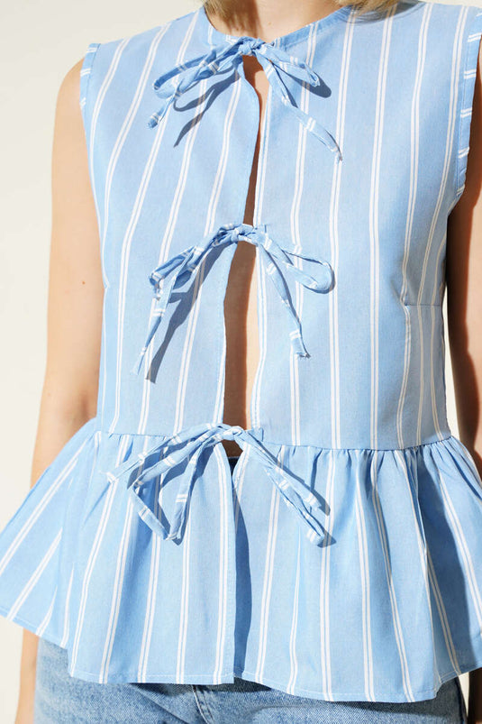 Çizgili Önü Bağlamalı Gömlek Mavi Çizgili