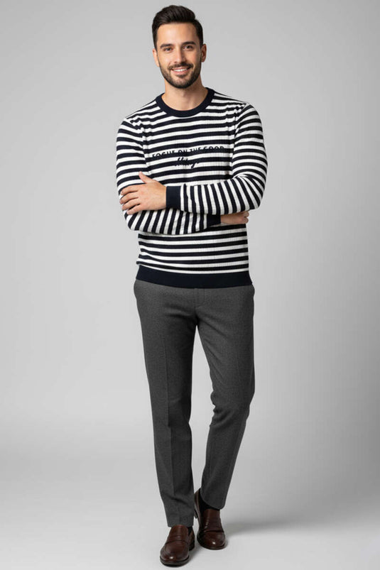 Çizgili Önü Baskılı Erkek Sweatshirt Siyah