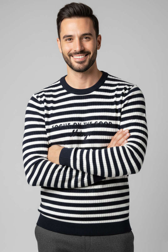 Çizgili Önü Baskılı Erkek Sweatshirt Siyah