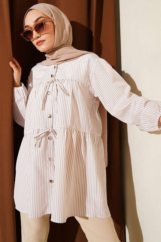 Striped Front Double Tie Shirt Beige