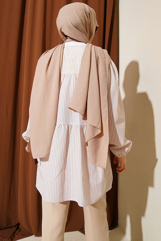 Striped Front Double Tie Shirt Beige