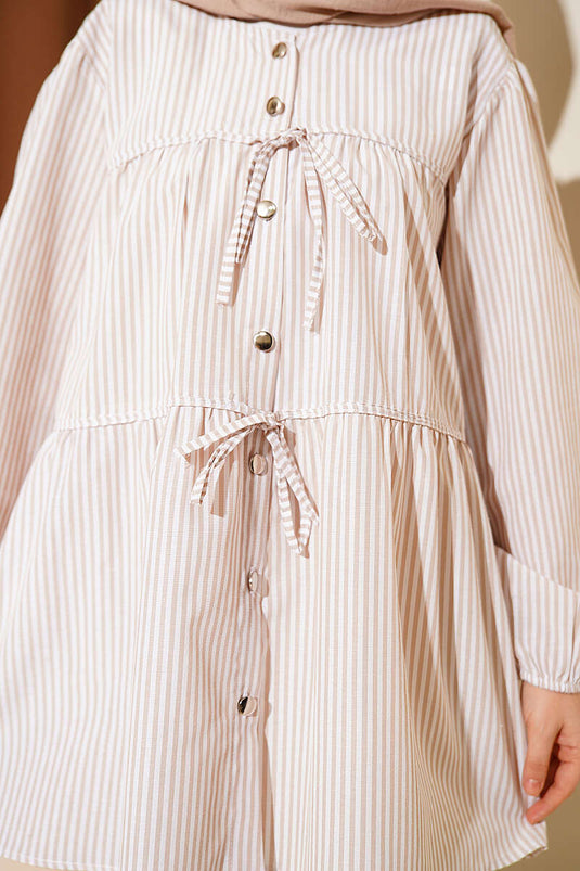 Striped Front Double Tie Shirt Beige