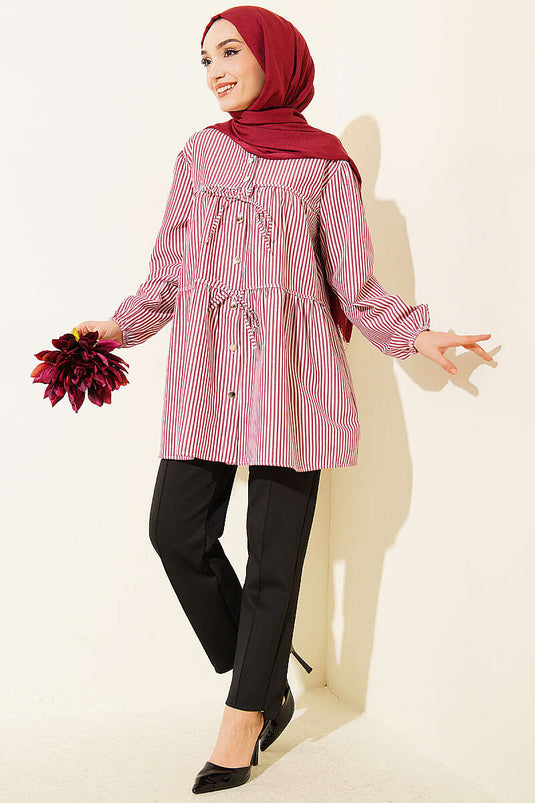 Striped Front Double Tie Shirt Burgundy