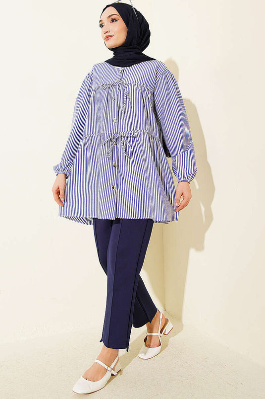 Striped Front Double Tie Shirt Blue
