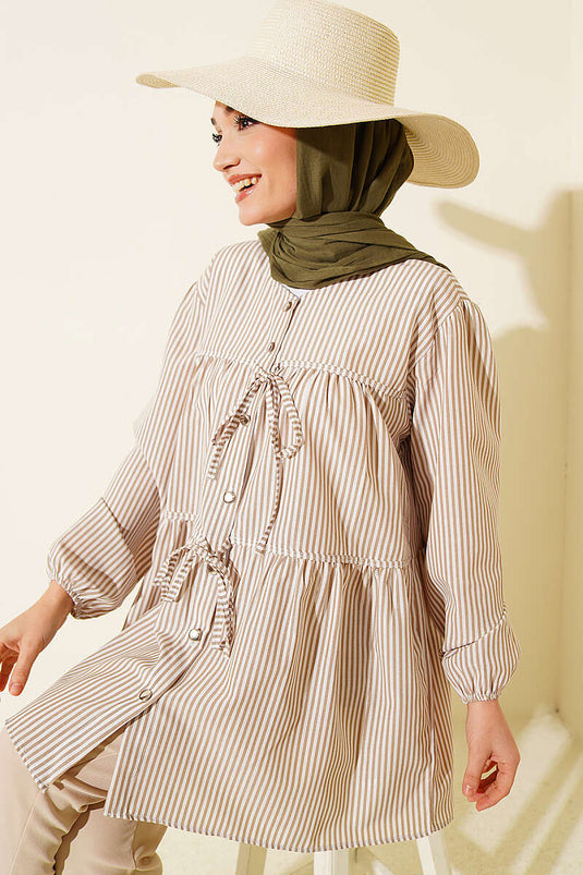 Striped Front Double-Tie Shirt in Olive Green