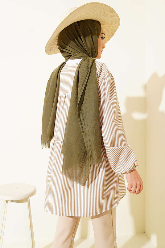 Striped Front Double-Tie Shirt in Olive Green