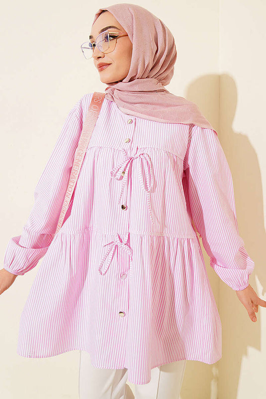 Chemise rayée à double nouage devant rose