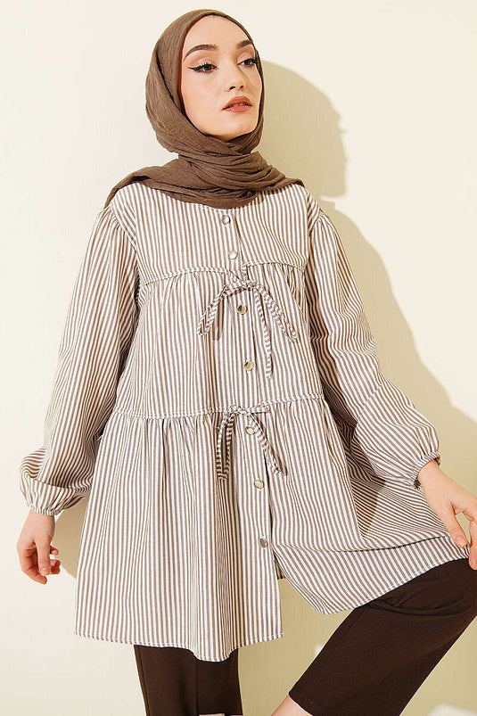 Chemise à rayures avec double nouage devant, couleur vison