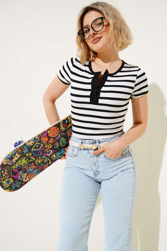 Striped Button-Front Blouse White