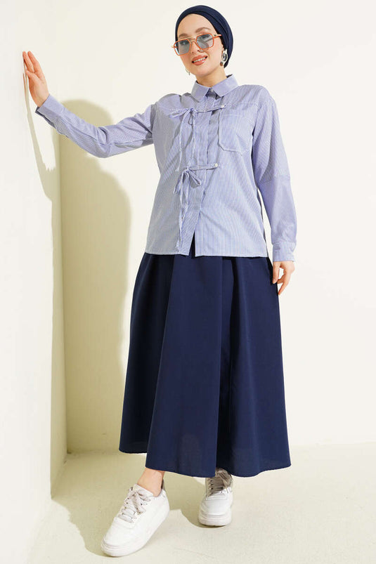 Striped Front Drawstring Short Shirt Navy Blue