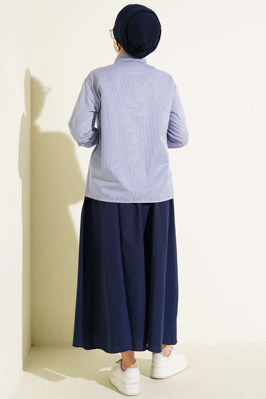 Striped Front Drawstring Short Shirt Navy Blue