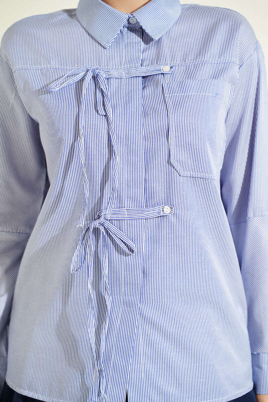 Striped Front Drawstring Short Shirt Navy Blue