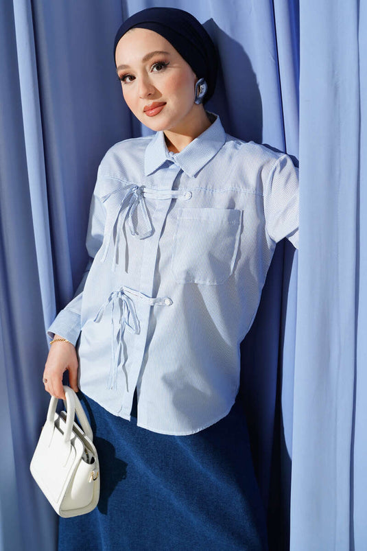 Striped Front-Tied Short Shirt Blue