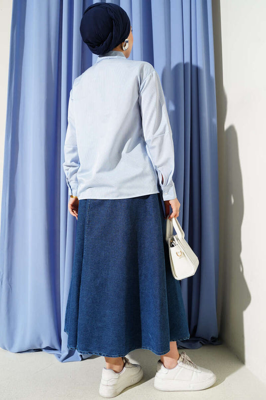 Striped Front-Tied Short Shirt Blue