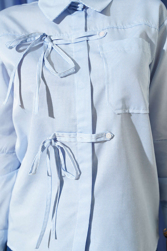 Striped Front-Tied Short Shirt Blue