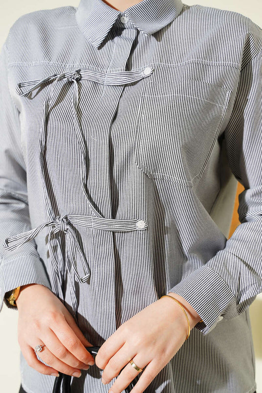 Striped Front Drawstring Short Shirt Black