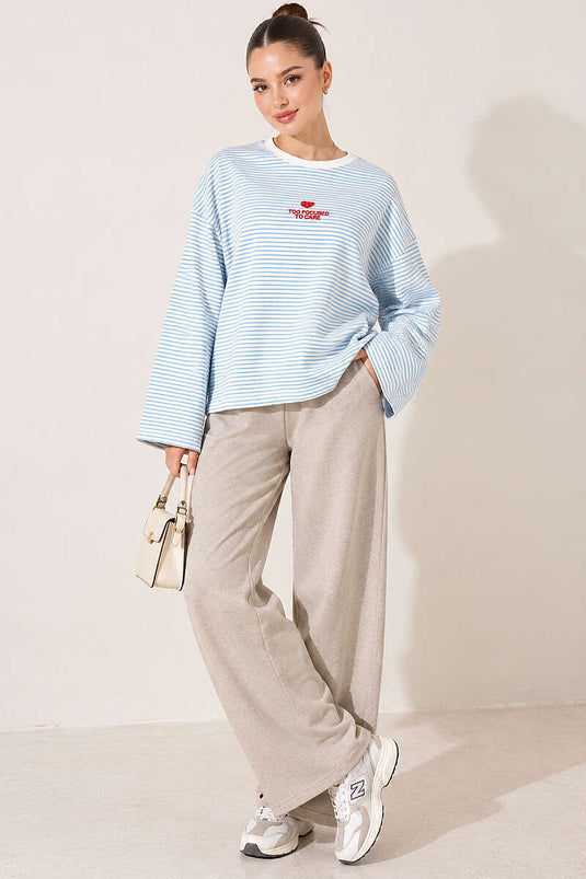 Çizgili Önü Nakışlı Sweatshirt Mavi