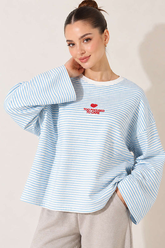 Çizgili Önü Nakışlı Sweatshirt Mavi
