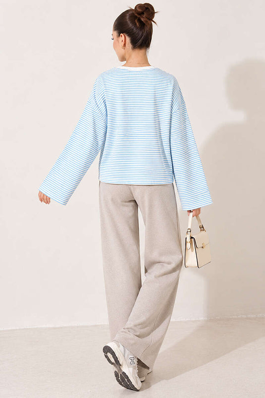 Çizgili Önü Nakışlı Sweatshirt Mavi