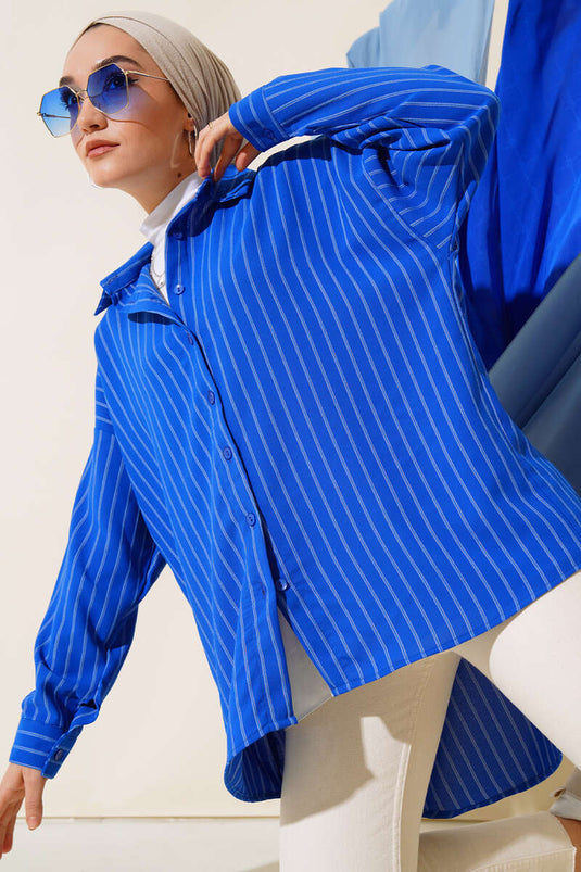 Striped Oversize Back Pleated Shirt Blue