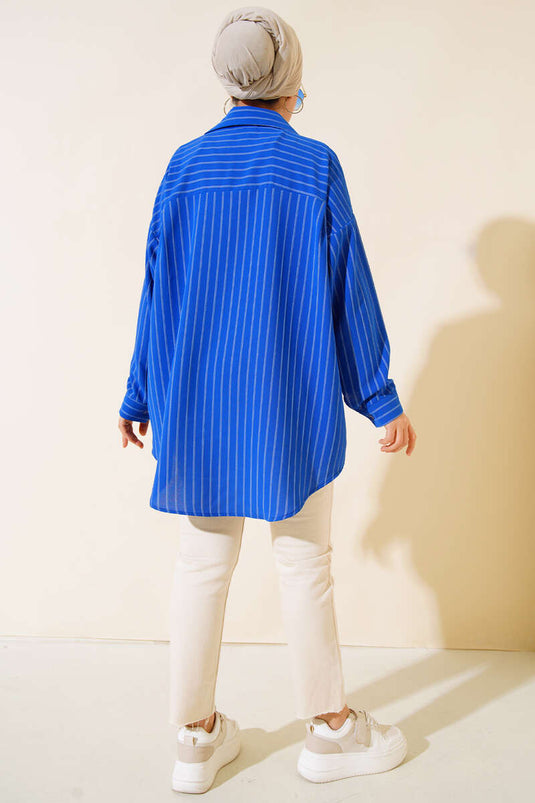 Striped Oversize Back Pleated Shirt Blue