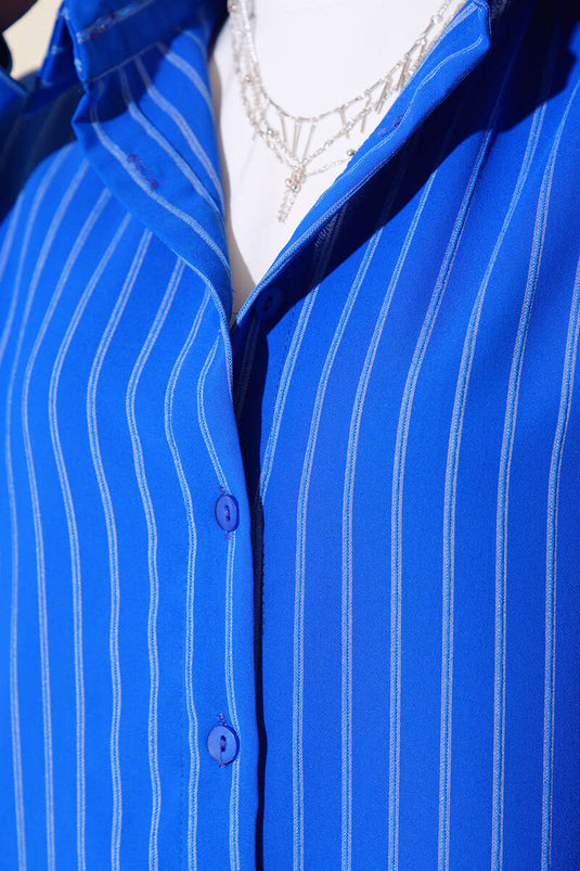 Striped Oversize Back Pleated Shirt Blue