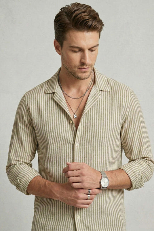 Striped Oversize Men's Shirt Khaki