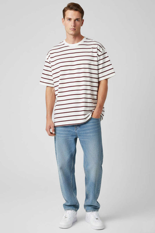 Çizgili Oversize Erkek T-shirt Bordo