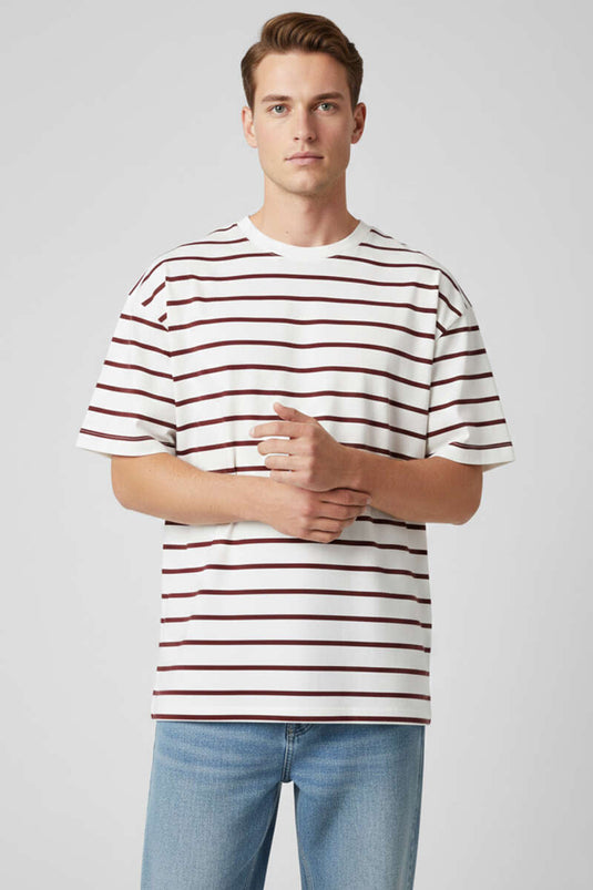 Çizgili Oversize Erkek T-shirt Bordo
