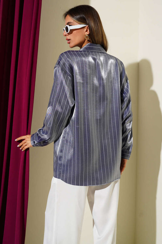 Striped Shiny Satin Loose-Fitting Shirt Navy Blue