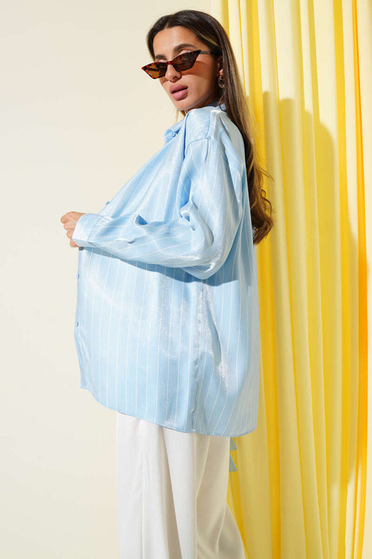 Çizgili Parlak Saten Salaş Gömlek Mavi