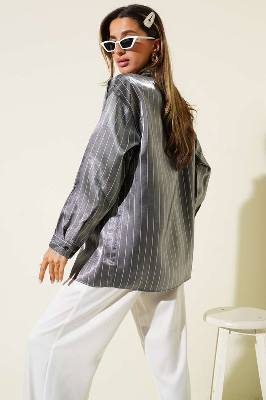 Çizgili Parlak Saten Salaş Gömlek Siyah