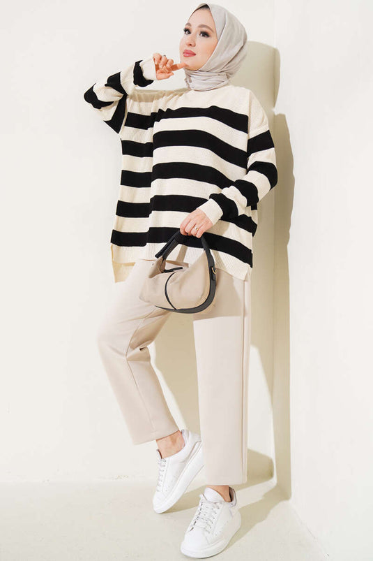 Çizgili Pirinç Örgü Salaş Triko Tunik Bej