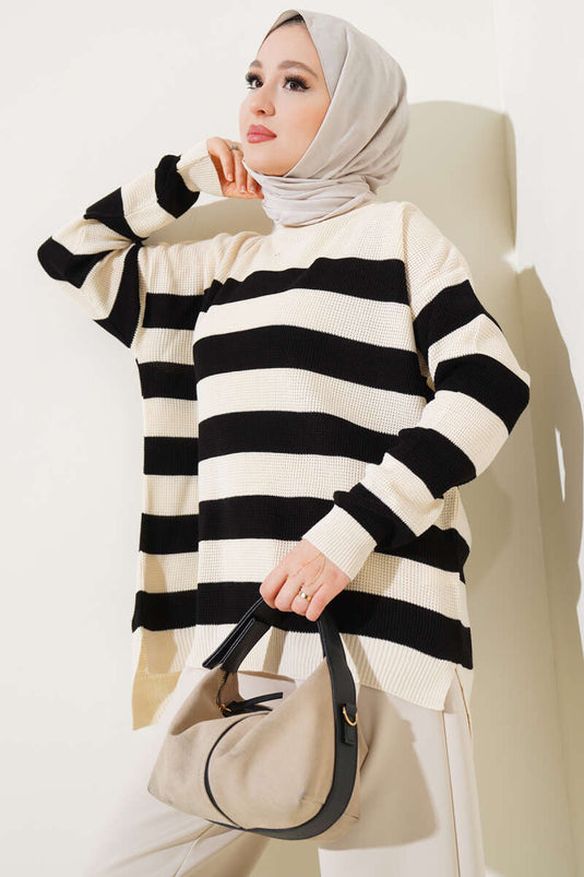 Çizgili Pirinç Örgü Salaş Triko Tunik Bej