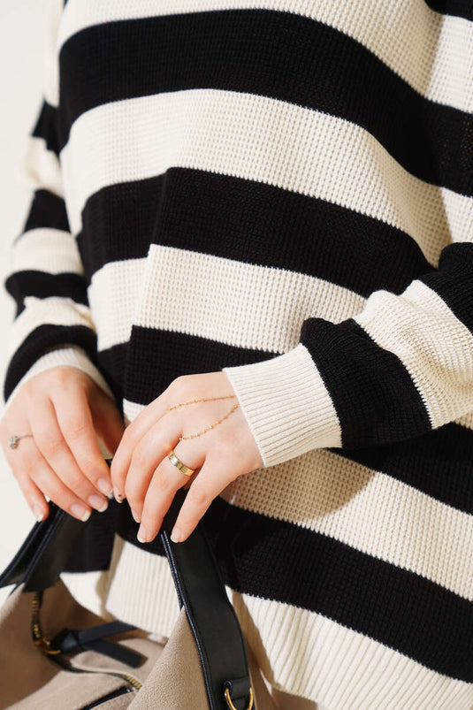 Çizgili Pirinç Örgü Salaş Triko Tunik Bej