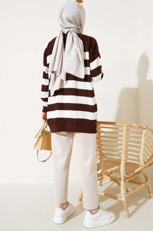 Tunique ample en maille rayée marron