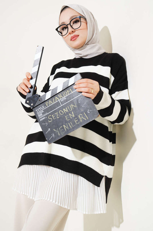 تونيك مخطط من قماش الأرز المحبوك فضفاض باللون الأسود