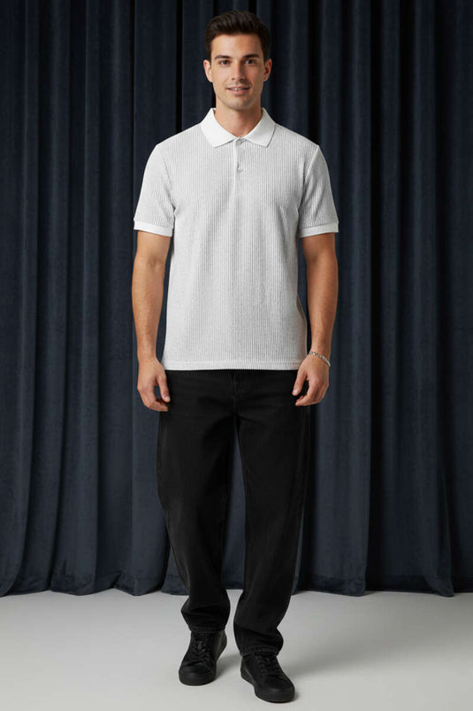 T-shirt homme gris à rayures avec col polo et boutons