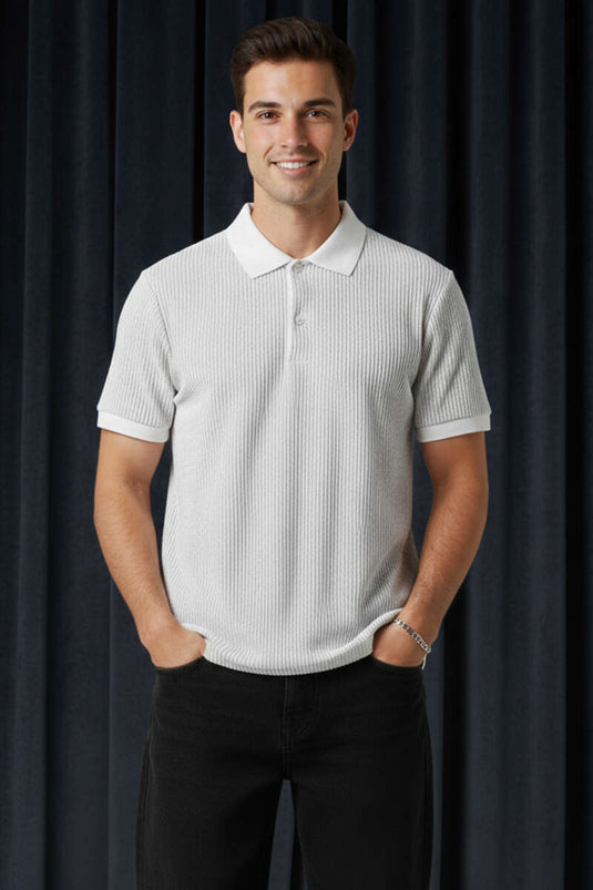 T-shirt homme gris à rayures avec col polo et boutons
