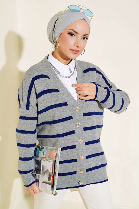 كارديجان فضفاض مخطط باللون الرمادي والأزرق الداكن